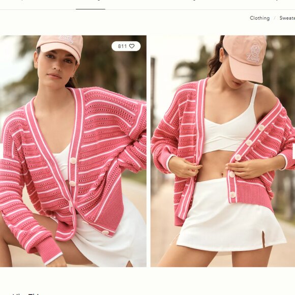 Varley Sweaters - Varley Antonia Pink White Striped Preppy Relaxed Cardigan Sweater size Small
